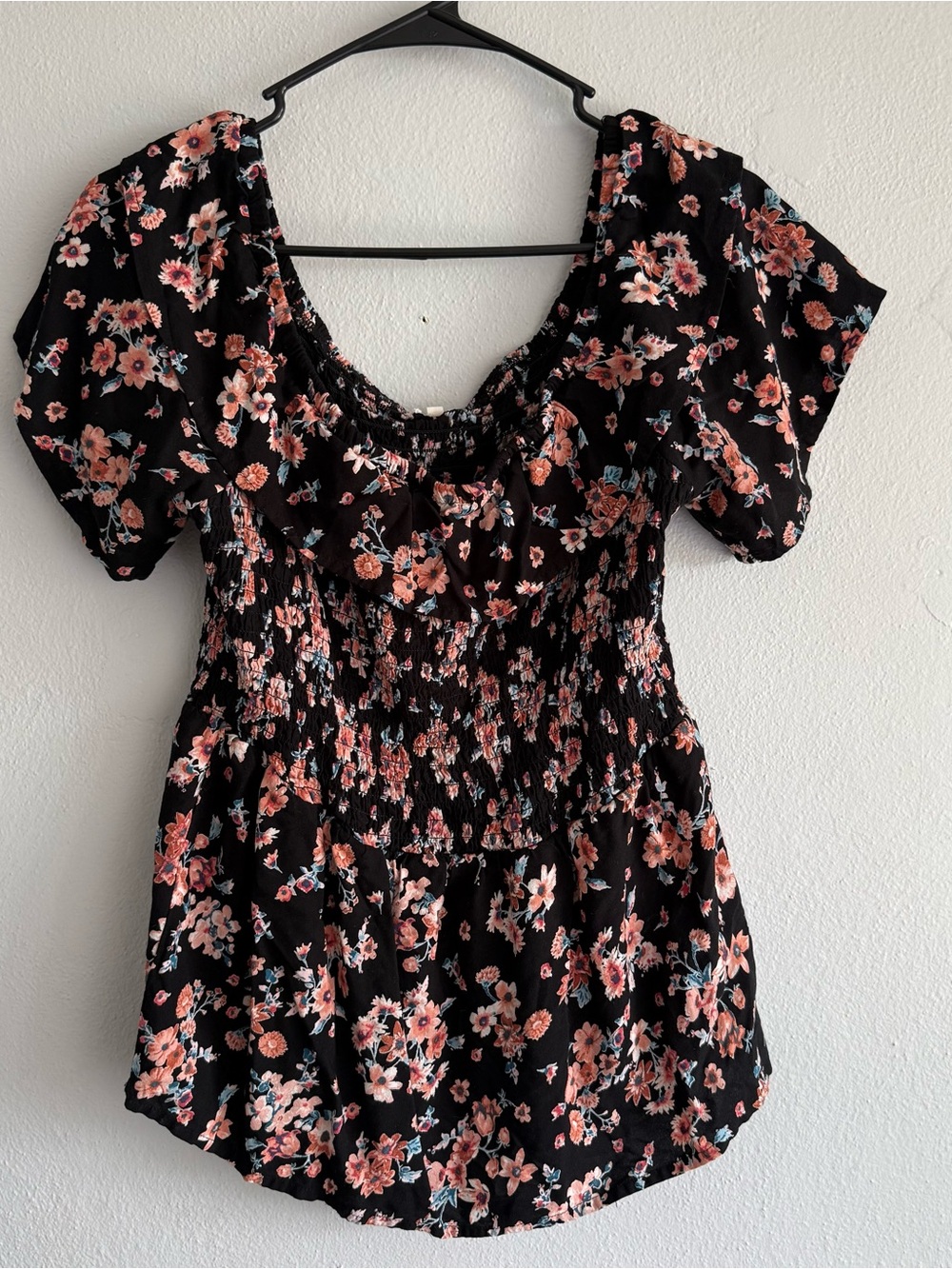 Maurices Black Floral Smocked Peasant Top - Size Large